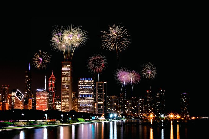 Chicago's Fireworks Show aboard Tall Ship Windy! - The skyline and Navy Pier are part of the show