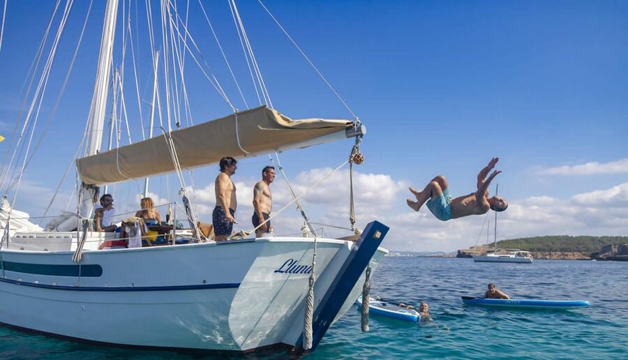 Ibiza: Private Sailboat with Premium Open Bar, Food & Music - Setting off from Sant Antoni Port