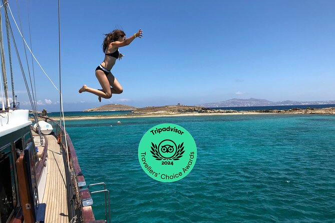 Mykonos Sail Cruise to Rhenia, Guided Tour of Delos, Lunch&Drinks - Swimming off the yacht at Rhenia