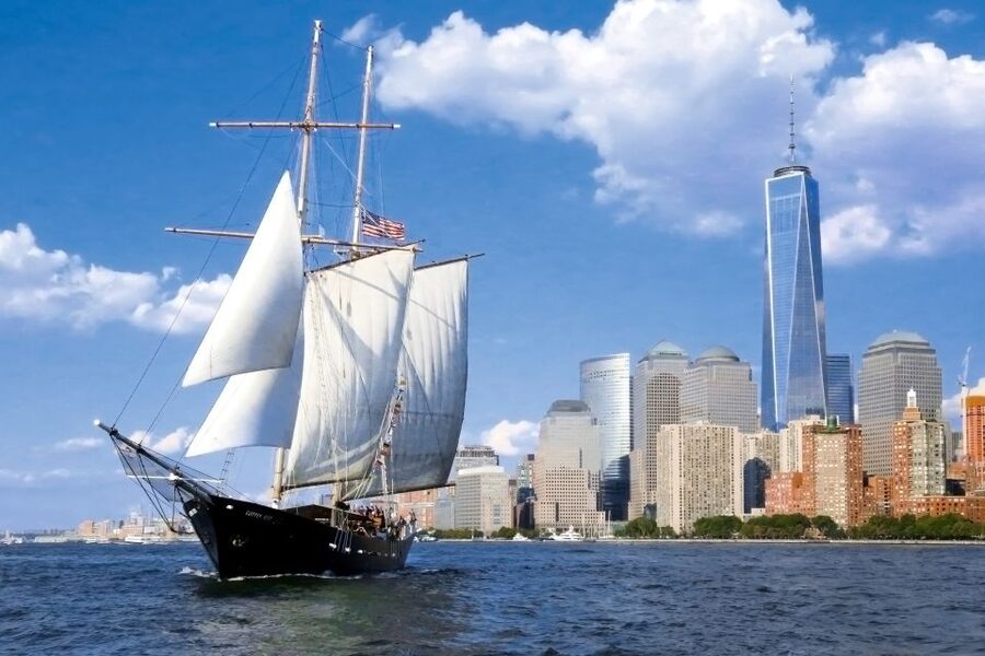 NYC: Statue of Liberty Day Sail with Onboard Bar - Leaving Pier 17 beneath the Brooklyn Bridge