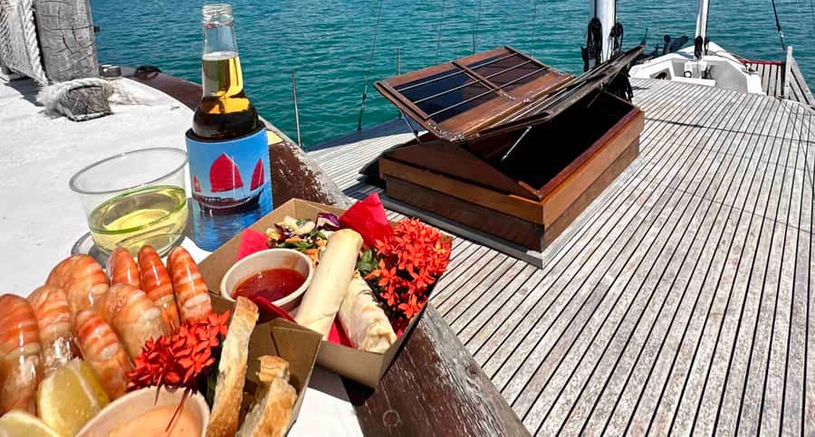 Port Douglas: Shaolin Seafood Lunch Sail, with Fresh Prawns - The first course: crocodile and barramundi spring rolls