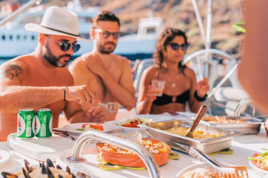 Santorini Caldera: Morning Sailing Cruise with Meal - Seafood BBQ, Greek wine, and an easy lunch