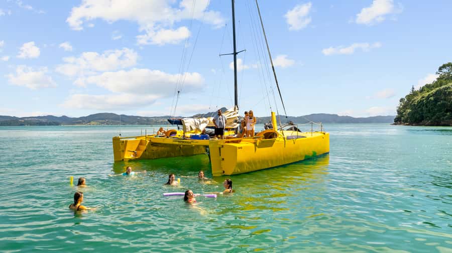 Whitianga: Sailing Trip to Cathedral Cove - A steady catamaran across Mercury Bay